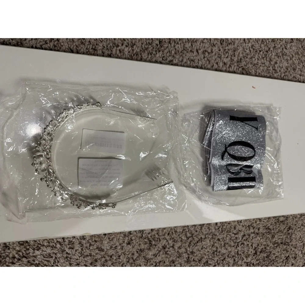 COCIDE Birthday Queen Silver Tiara Rhinestone Crown and Glitter Sash Set New